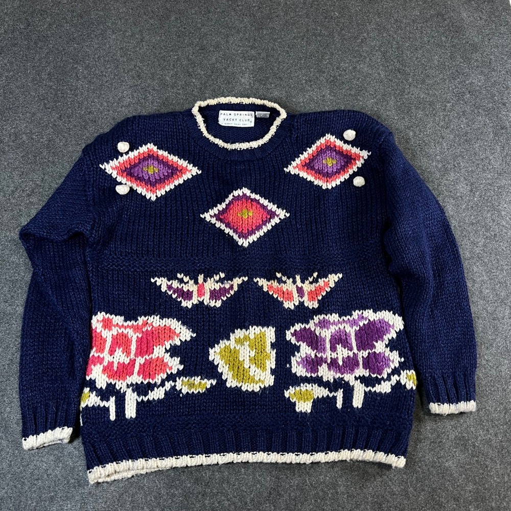 Palm Springs Yacht Club Vintage Navy Floral Knit Sweater Pom Pom Trim Medium
